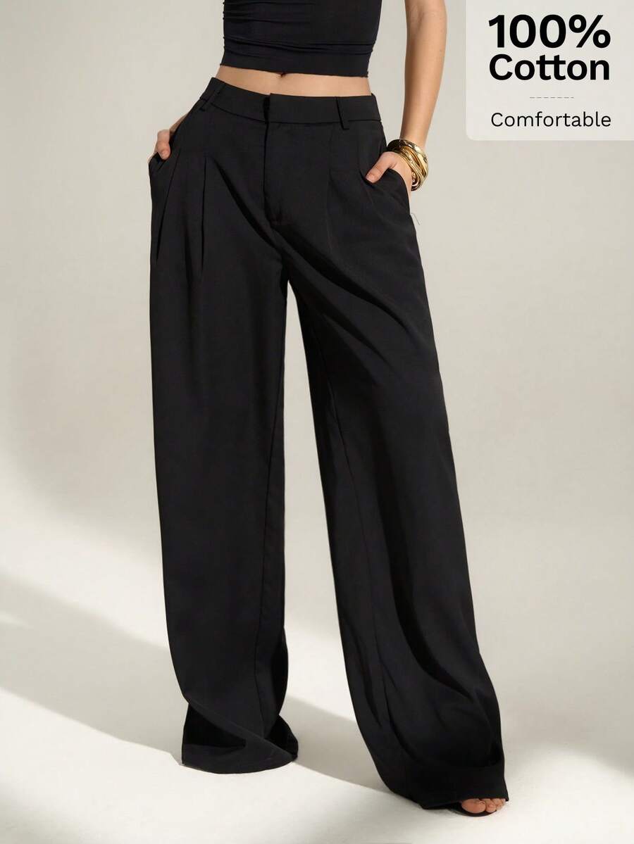 SHEIN Tall 100%纯棉优雅纯色宽松阔腿褶裥裤，高腰商务休闲职业办公服饰，时尚修身女士工作裤 - 黑色 - 查看 1