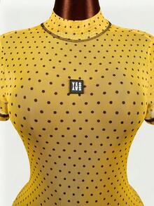 Mistrie 女款黃色波點夏季網紗貼身連身褲，高領短袖露背緊身連身衣，透視性感夜店派對連身短褲 - 黃色 - 查看 7