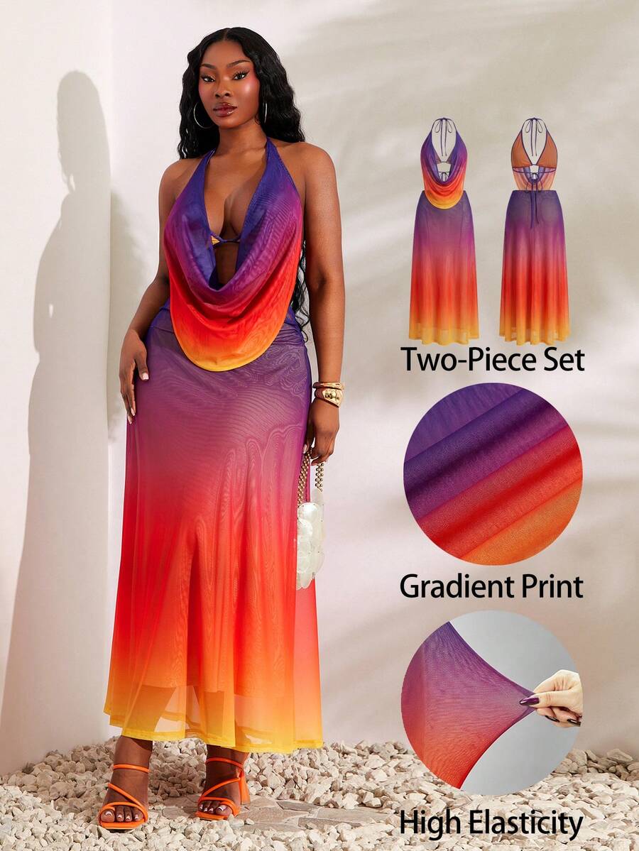 SHEIN SXY Women's Purple Summer Beach Vacation Holiday Two Pieces Set,Multi-Color Gradient Print Mesh Halter Draped Neck Top And Backless A-Line Loose Skirt