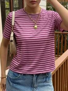 Livesso Camiseta de manga corta de verano holgada con cuello redondo y rayas rosas para mujer - Burdeos - Ver 3