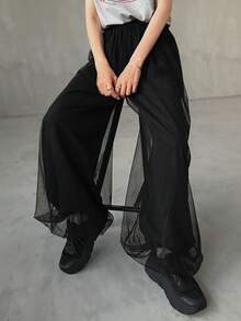 FRIFUL Women's Elastic Waist Mesh Patchwork Casual Versatile Daily Wear Pants - Black - View 9