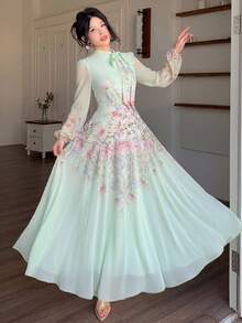 Modelyn Tie-Waist Ruched Placement Print Flared Long Sleeve Dress For Women - Pastel Green - View 7