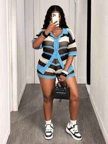 Slaydiva New Loose Shirtcollar Open Front Short Sleeve Shorts Striped Colorblock Plus Size Women 2pcs Summer Knitted Casual Vacation Suit Set-A In Fall/Winter - Blue - View 5