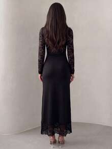 Modelyn Pastal Lace Sleeve Keyhole Maxi Dress Round Neck With Keyhole Cutout Sleek Sophisticated Formal Style Elegant Sexy Dresses For Women Date Nights Golf - Black - View 2
