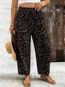 SHEIN VCAY Plus Size Drawstring Waist Loose Leopard Print Paper Bag Pants - Multicolor - View 6