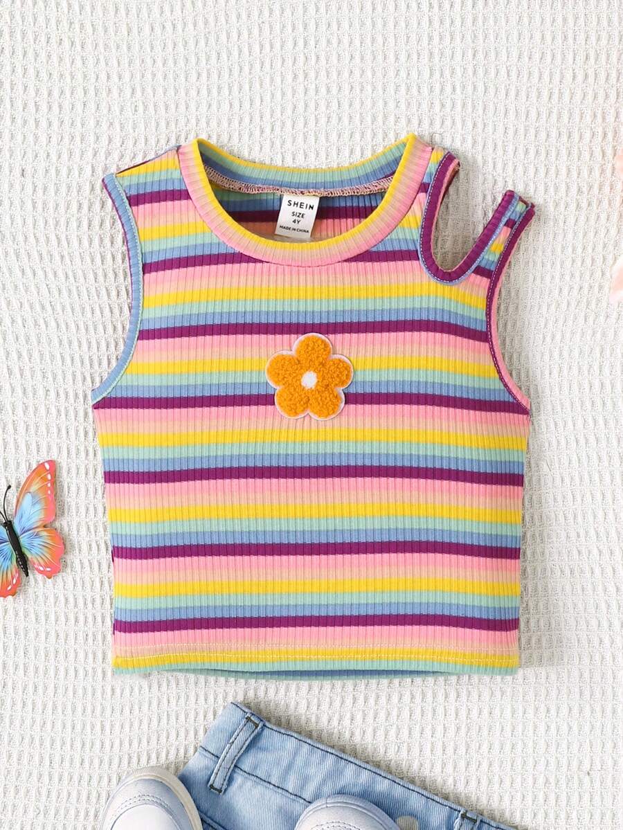 SHEIN 女童彩虹条纹可爱优雅吊带背心 - 彩色 - 查看 1