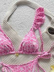 Swim Mod Women's Sweet Pink Floral Pattern Bikini Set,Pink Plaid Bikini Swimwear With Ruffle Trim,Cute Summer Beach Holiday Vacation Pool Parties Wear - Multicolor - View 9