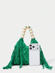 SHECARRY 女士女款手提包，手工編織鉤針包，鏤空設計，流蘇裝飾，時尚優雅簡約，個性百搭，適用於海灘、度假、假期、夏季、海邊、海灘派對、音樂節 - 綠色 - 查看 4