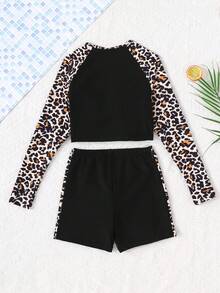 Tween Girl Raglan Sleeve Leopard Print Splice Tankini Swimsuit Set, Surfing Swimwear - Black - View 2