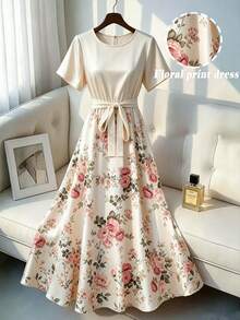 Đầm nữ cỡ lớn in họa tiết, cổ tròn, tay ngắn, dáng chữ A, rộng rãi, thanh lịch, thích hợp mặc hàng ngày, đi làm, đi nghỉ mát, mùa xuân/hè. - Nhiều màu - Xem 7