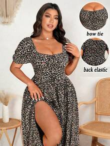SHEIN Clasi Vestido feminino plus size elegante e romântico com estampa floral miúda, gola com laço, fenda alta e mangas bufantes, estilo primavera/verão. - Multicolorido - Ver 1