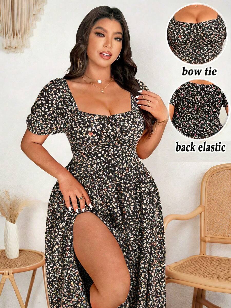 SHEIN Clasi Vestido feminino plus size elegante e romântico com estampa floral miúda, gola com laço, fenda alta e mangas bufantes, estilo primavera/verão. - Multicolorido - Ver 1