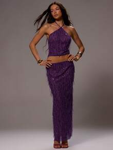 MUSERA 亮片低腰网纱半透明流苏长裙性感夏季春季锐舞节假日度假伊比沙岛派对外出小仙女 - 黑色 - 查看 1