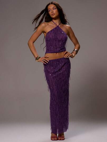 MUSERA Sequin Low Rise Mesh Semi Sheer Tassle Maxi Skirt Long Skirt Sexy Summer Spring Rave Festival Holiday Vacation Ibiza Party Going Out Urchin