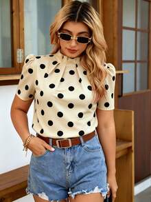 Elenzga 女士波点印花褶皱领短袖衬衫，春夏款 - 杏色 - 查看 4