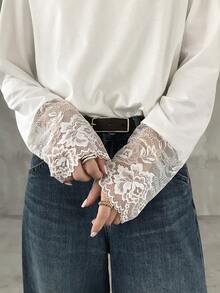 FRIFUL Solid Color Lace Patchwork Sheer Mesh Fabric Loose Casual Versatile T-Shirt - White - View 7