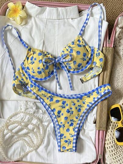 Swim Vcay 女士黄色花卉印花撞色格纹边饰比基尼套装 - 可爱波西米亚风两件式泳衣，前系带设计