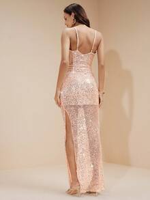 Arave Vestido camisero con abertura alta, bordado de lentejuelas y malla - Dorado - Ver 3