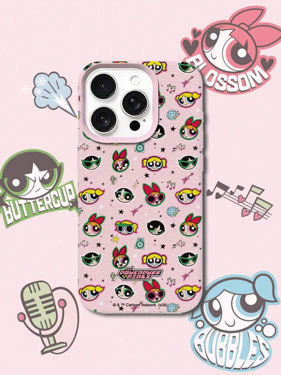 THE POWERPUFF GIRLS X SHEIN 飞天小女警花花泡泡毛毛全角色卡通贴纸印花粉色边框粉色皮革质感手机壳防震防摔全包保护套适用于iPhone 16 15 14 13 12 Pro Max Plus Y2K复古美学可爱少女ins风高档手机壳 - 彩色 - 查看 1