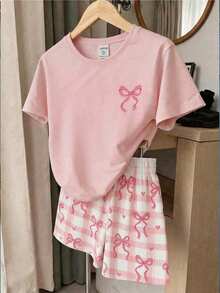 Set de 2 piezas de pijama para adolescentes con parte superior estampada con moño rosa y shorts estampados con mariposa a cuadros, de tela de punto suave, cómodo y de estilo dulce y elegante - Rosa Pálido - Ver 7