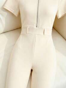 Franclia Women's Front-Zip Bodycon Jumpsuit,Elegant Cream White Summer Brunch Outfits,Solid Color Short Sleeve Casual Suit,Commuting Office Wear,Easter Attire - Apricot - View 5