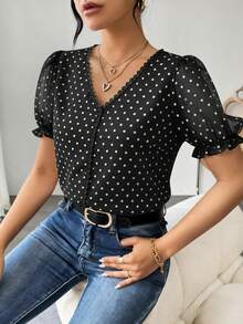 Gaivellea Women's Fashionable French Polka Dot Chiffon Blouse, Intellectual Elegant Short Sleeve Ruffle Design Shirt For Summer - Black - View 7