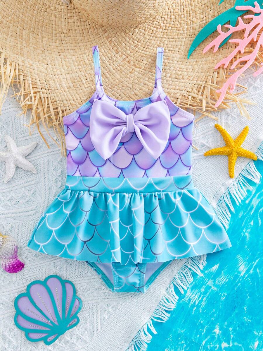 SHEIN Newborn Cute Summer Mermaid Pattern Casual Knitted Bow Color Block Suspender One-Piece Swimsuit - Multicolor - View 1