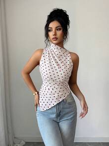 Rafferiza Áo tank top nữ màu đỏ chấm bi, dáng ôm, vạt bất đối xứng - Đỏ và trắng - Xem 5