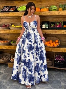 SHEIN LUNE Đầm dáng chữ A không tay, họa tiết hoa màu xanh dương, cỡ lớn dành cho nữ, thích hợp cho mùa xuân/hè. - Nhiều màu - Xem 3