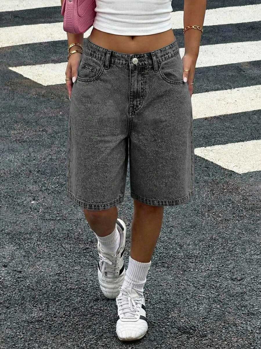 Quần short denim dáng casual đa năng cho nữ tuổi teen, có túi và cúc. - màu đen - Xem 1