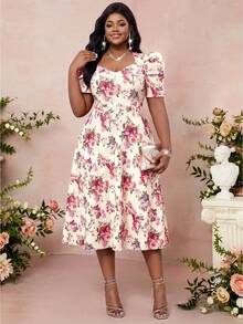 Lady Vestido elegante de manga abullonada con cuello de corazón y textura de unicolor para mujer de talla grande - Multicolor 5 - Ver 3