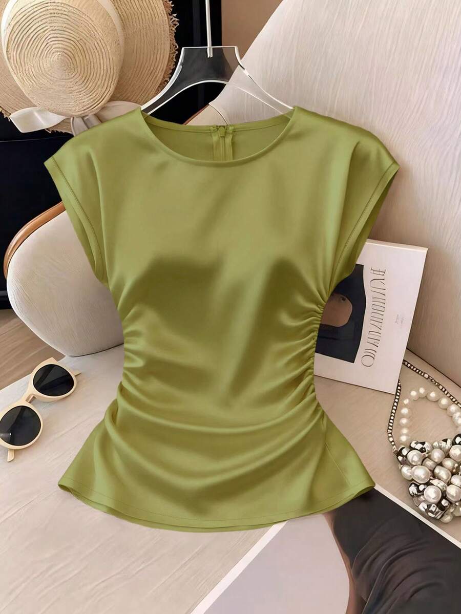 SHEIN Franclia 女士优雅圆领收腰修身褶裥短袖百搭纯色浅桃色衬衫 - 薄荷綠 - 查看 1