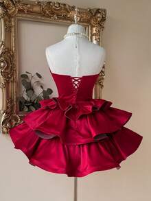 Lovelzi Gaun Pesta Pernikahan Musim Panas Elegan Warna Merah Anggur, Gaun Satin Modis dengan Bahu Terbuka dan Hem Bergelombang untuk Pesta Lajang, Wisuda, dan Acara Bridal Shower - Merah - View 2