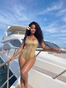 Slaydiva 女士连体泳衣，黑色系列，适合游泳、温泉、度假、拍照、日光浴、海滩、泳池派对，露背设计，金属蛇纹亮面，春夏款 - 金色 - 查看 4