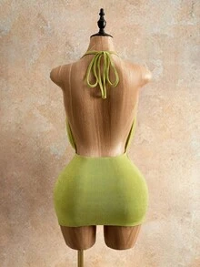 Mistrie 绿色垂褶领系带紧身连衣裙 | 性感度假沙滩派对连衣裙 - 綠色 - 查看 8