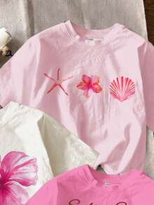 3件套少女度假休闲热带芙蓉花、鸡蛋花、海星和贝壳印花圆领短袖T恤，适合夏季假期穿着，白色、粉色、浅粉色可选。 - 彩色 - 查看 4