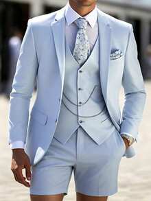 VENTUSAIL Conjunto de 2 piezas de traje y pantalones cortos azul claro para hombre, primavera/verano, boda, ceremonia, formal - Azul - Ver 4