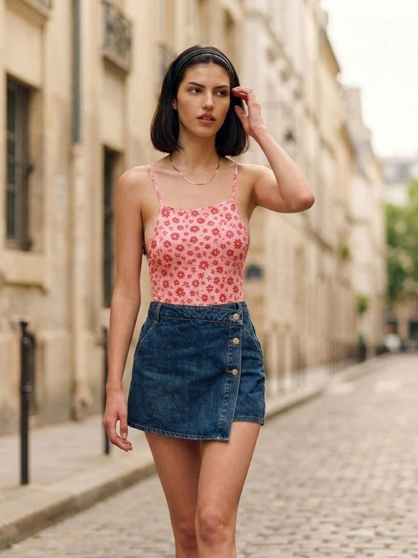 Pink Floral Bodysuit With High Neckline Spring Summer Holiday Vacation Outfit French Style Parisian Style