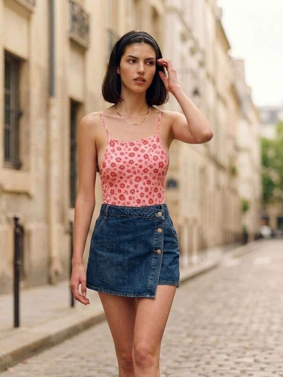 lacRébo Pink Floral Bodysuit With High Neckline Spring Summer Holiday Vacation Outfit French Style Parisian Style - Red - View 1