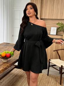 Weeklong Plus Size Blue Asymmetrical Shoulder Ruffle Sleeve A-Line Casual Dress Fall - Black - View 5