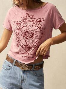 Bohemela Camiseta de mujer de cuello redondo de punto de unicolor, de manga corta y ajustada, lavada - Rosa - Ver 3