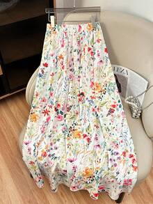 SHEIN PETITE Falda casual de cintura elástica con estampado todo sobre para vacaciones de mujer - Albaricoque - Ver 1