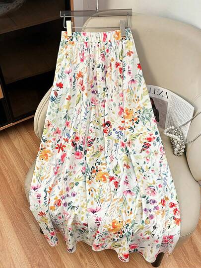 SHEIN PETITE Women's Casual Vacation All-Over Print Elastic Waist Skirt