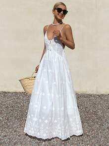 Women's Vacation Casual Solid Color Embroidery Backless Camisole Dress Boho - White - View 4