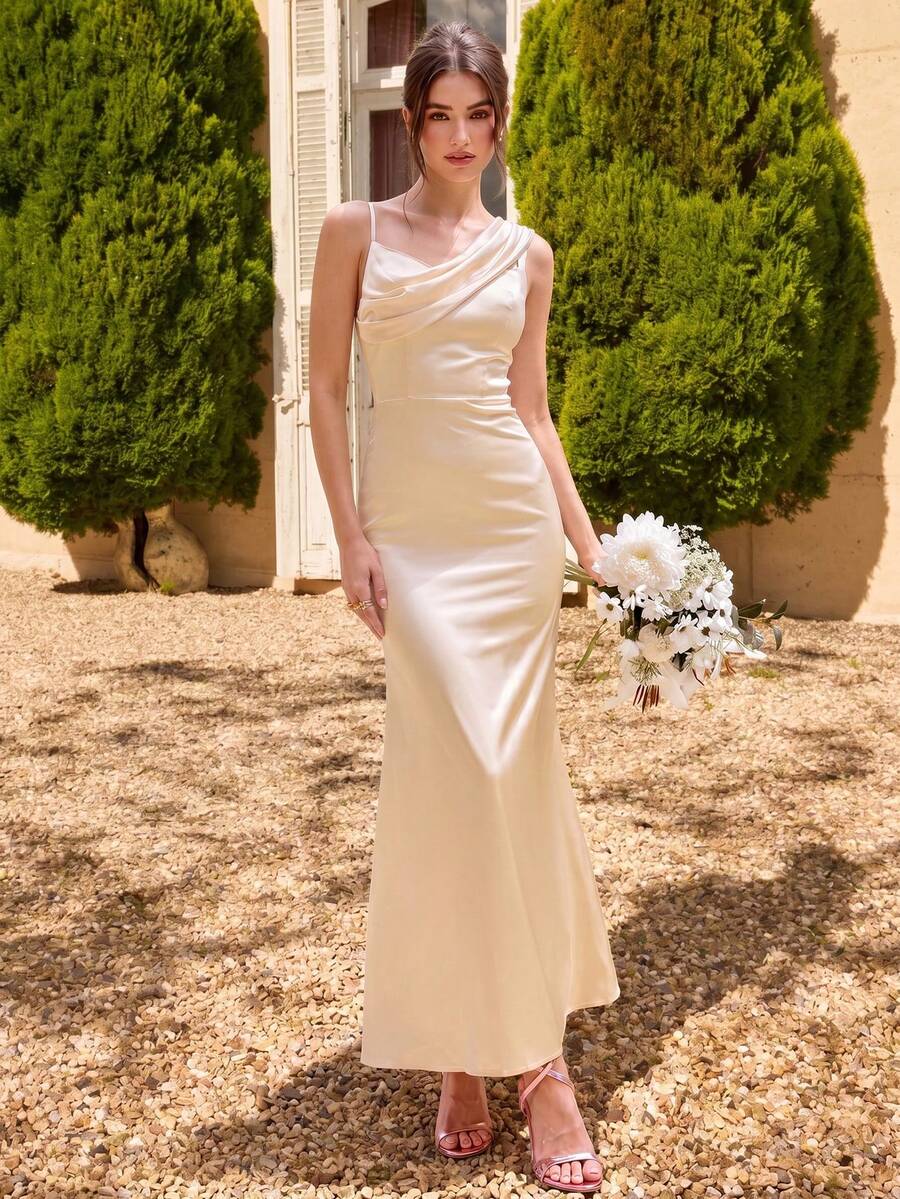 Enchnt Vestido maxi elegante de mujer con unicolor, cuello asimétrico plisado, ajustado y sin mangas