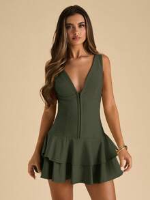 SHEIN BAE Robe mini décontractée à col V profond de couleur unie pour femmes - Militaire verte - Voir 5
