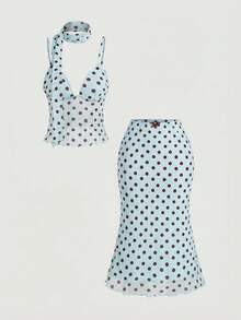 SHEIN MOD Bộ 2 món áo và chân váy in họa tiết chấm bi ruy băng - Màu xanh lam - Xem 3
