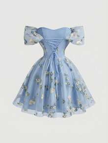 SHEIN MOD Đầm ngắn thêu họa tiết trễ vai thanh lịch, thời trang dành cho nữ - Màu xanh nhạt - Xem 5