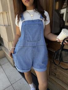 Dripcurv Plus-Size Women's Blue Retro Jumpsuit, Street-Style Preppy Denim Overalls Shorts, New Year's Outfit - Medium Wash - View 3