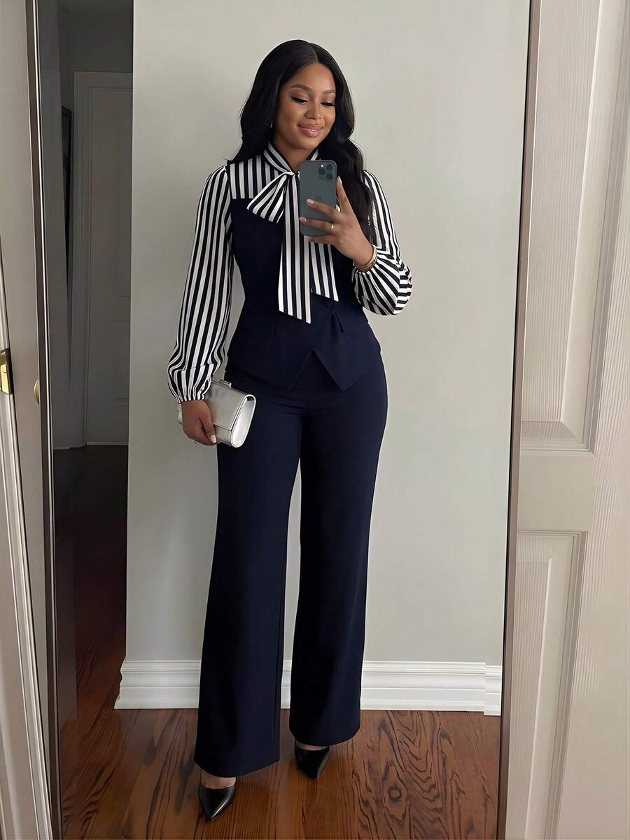 SHEIN Lady CURVE Plus Size Striped Splice Collar Tie Shirt And Pants 2 Pieces Set, Navy Blue - Navy Blue - View 1